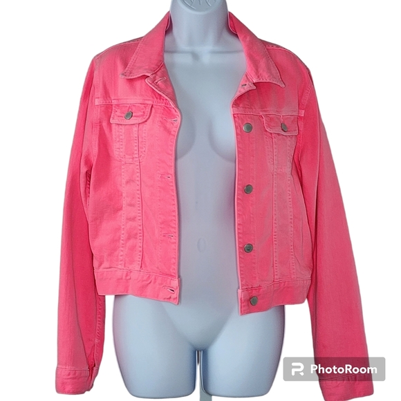 J Brand-Christopher Kane jacket denim neon pink-peach button front sz lrg 🎉 HP - Picture 6 of 15
